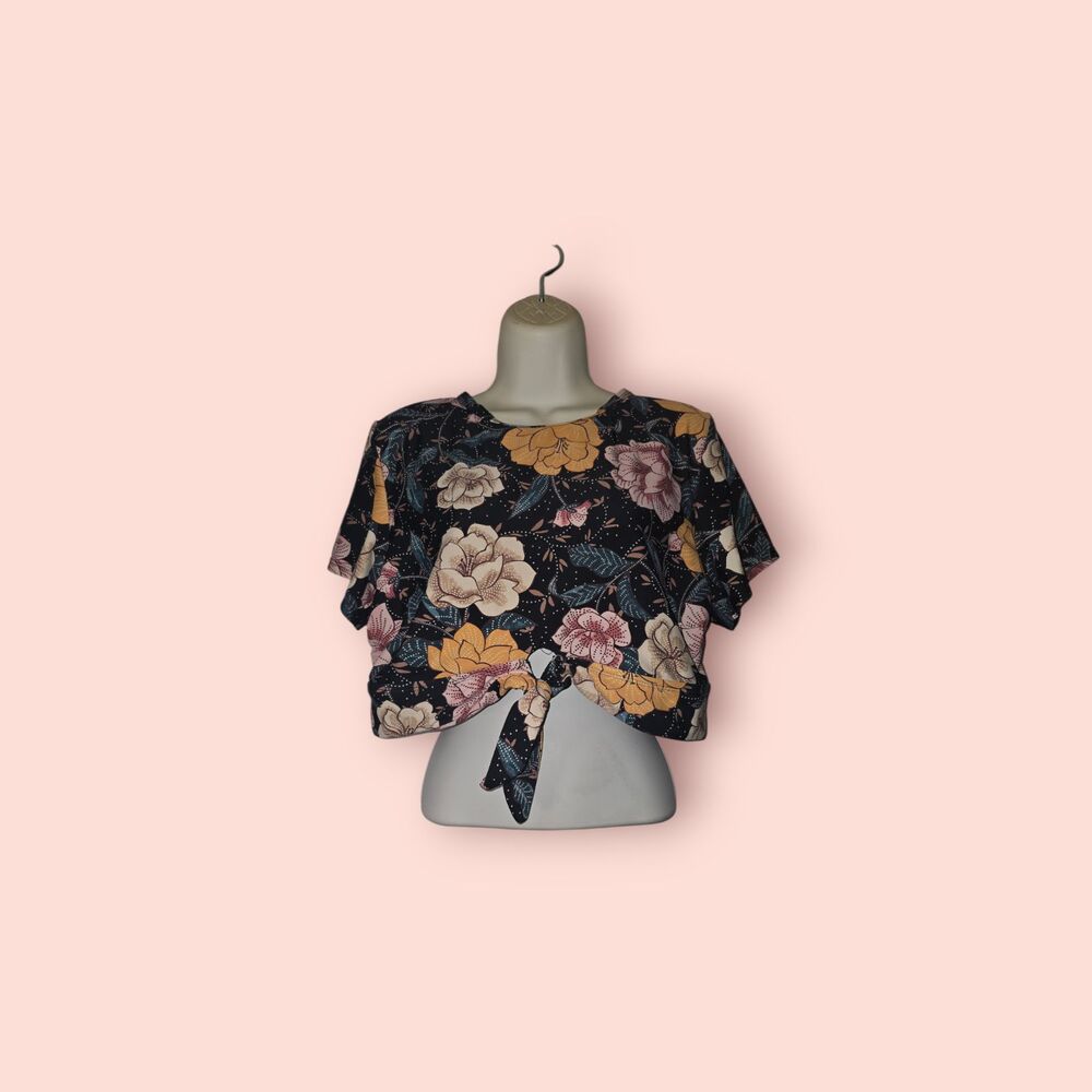 Torrid Black Floral Wireless Tie Front Bikini Top Mauve Yellow Floral Swim Top